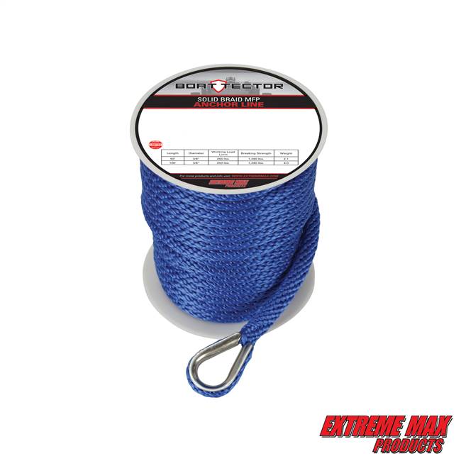 Extreme Max 3006.2060 BoatTector Solid Braid MFP Anchor Line with Thimble - 3/8" x 100', Royal Blue