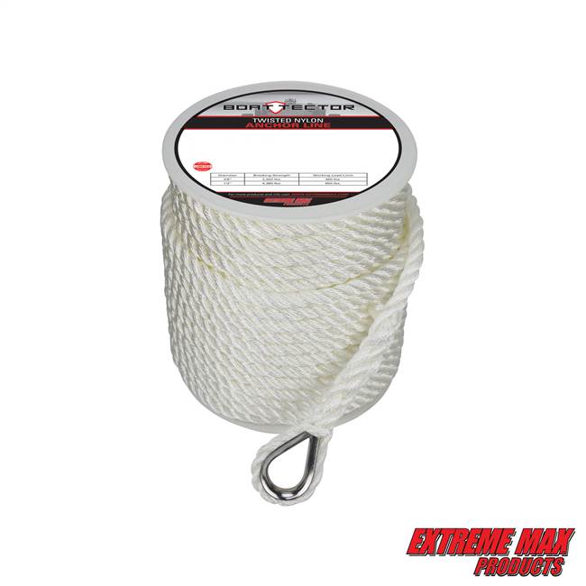 Extreme Max 3006.2303 BoatTector 1/2" x 150' Premium Twisted Nylon Anchor Line with Thimble - White
