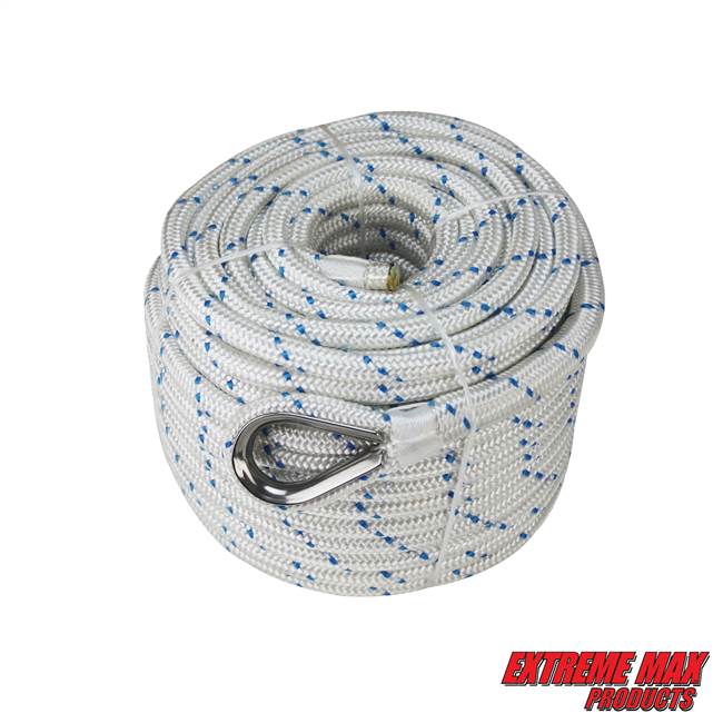 Extreme Max 3006.2547 BoatTector Double Braid Nylon Anchor Line with Thimble - 3/4" x 600', White w/ Blue Tracer