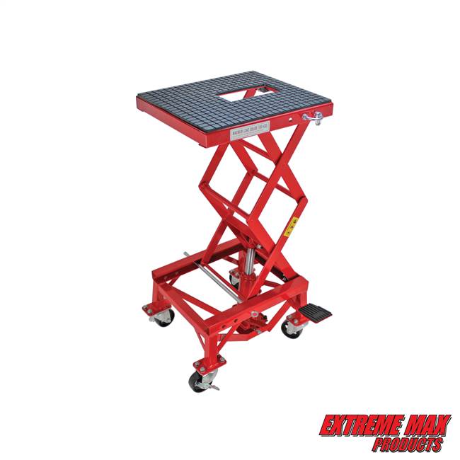 Extreme Max 5001.5083 Ultra-Stable Hydraulic Motorcycle Lift Table with Foot Pad Lift Function - Raises Bikes from 13.25" to 34", 300 lbs. Weight Capacity