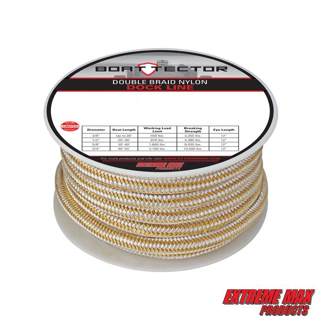 Extreme Max 3006.2327 BoatTector Double Braid Nylon Dock Line - 3/4" x 50', White & Gold