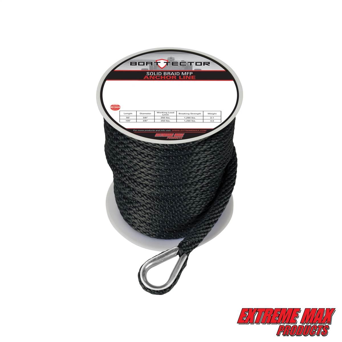 3/8 x 200 Extreme Max 3006.2297 BoatTector Twisted Nylon Anchor Line with Thimble White