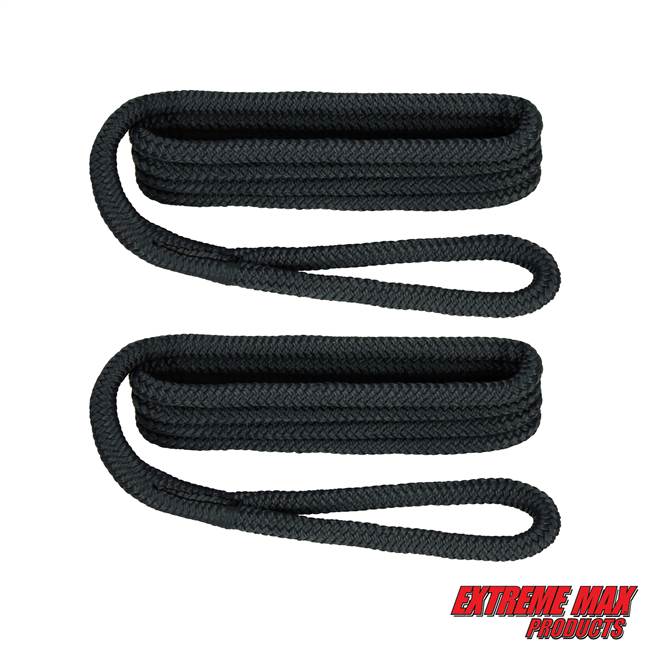 Extreme Max 3006.2168 BoatTector Premium Double Braid Nylon Fender Line Value 2-Pack - 3/8" x 6', Black