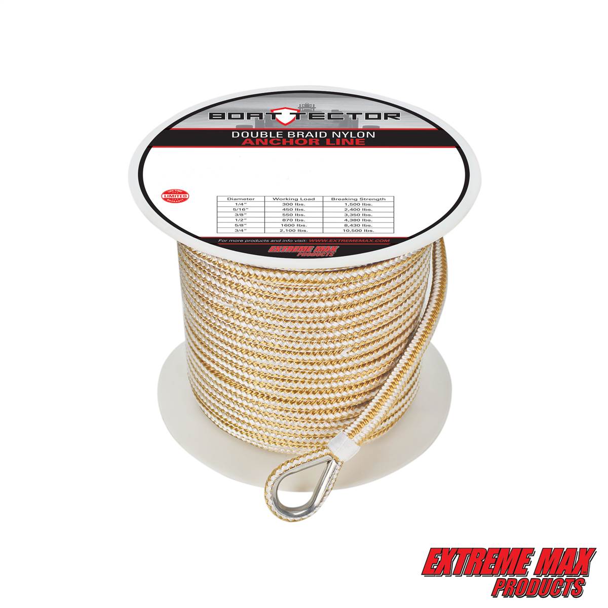 Extreme Max 3006.2252 BoatTector 3/8 x 250' Premium Double Braid Nylon Anchor  Line with Thimble - White & Gold