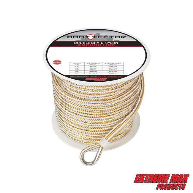 Extreme Max 3006.2255 BoatTector 3/8" x 300' Premium Double Braid Nylon Anchor Line with Thimble - White & Gold