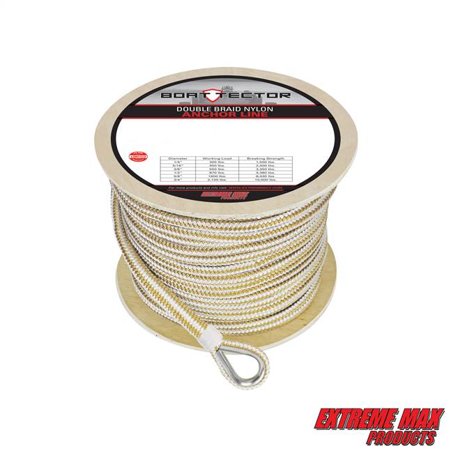 Extreme Max 3006.2264 BoatTector 1/2" x250' Premium Double Braid Nylon Anchor Line with Thimble - White & Gold