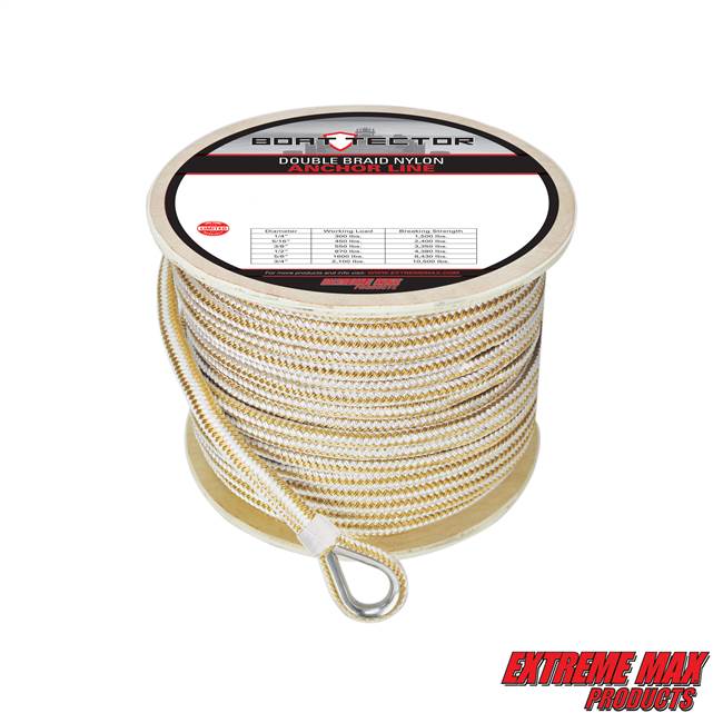 Extreme Max 3006.2267 BoatTector 1/2" x 300' Premium Double Braid Nylon Anchor Line with Thimble - White & Gold