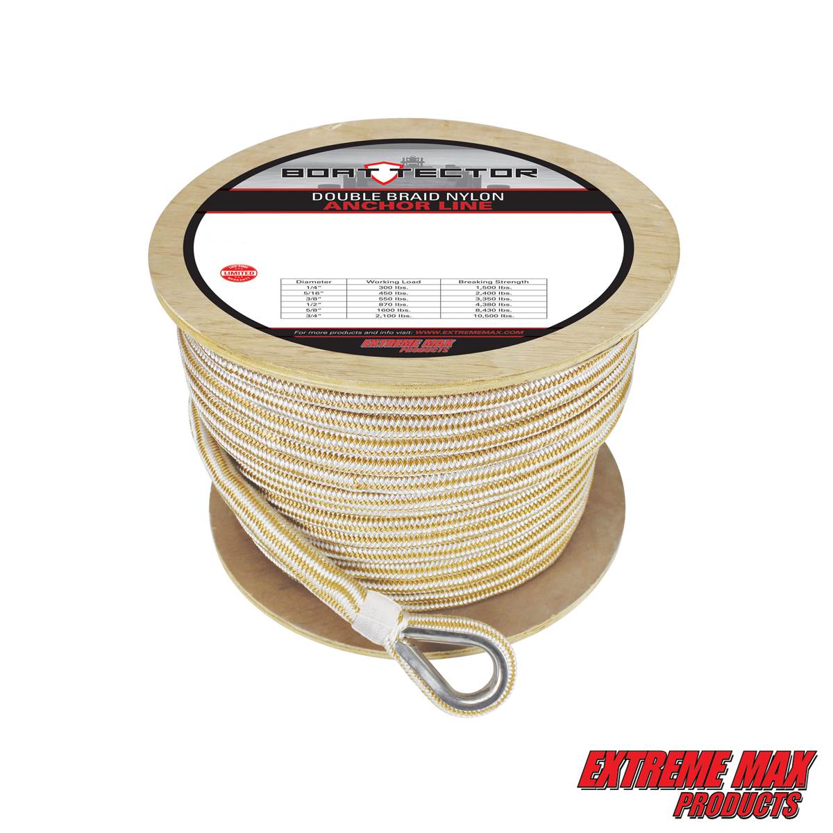 Extreme Max 3006.2285 BoatTector 3/4 x 300' Premium Double Braid Nylon Anchor  Line with Thimble - White & Gold