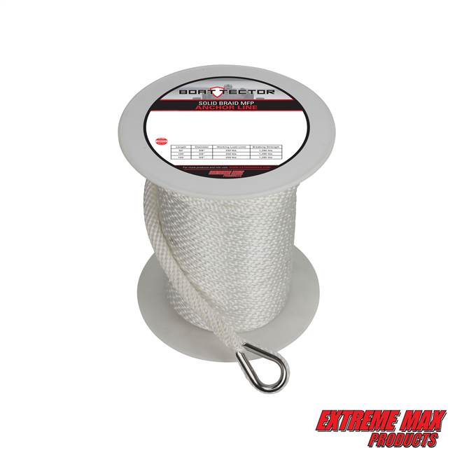 Extreme Max 3006.2288 BoatTector Solid Braid MFP Anchor Line with Thimble - 3/8" x 150', White