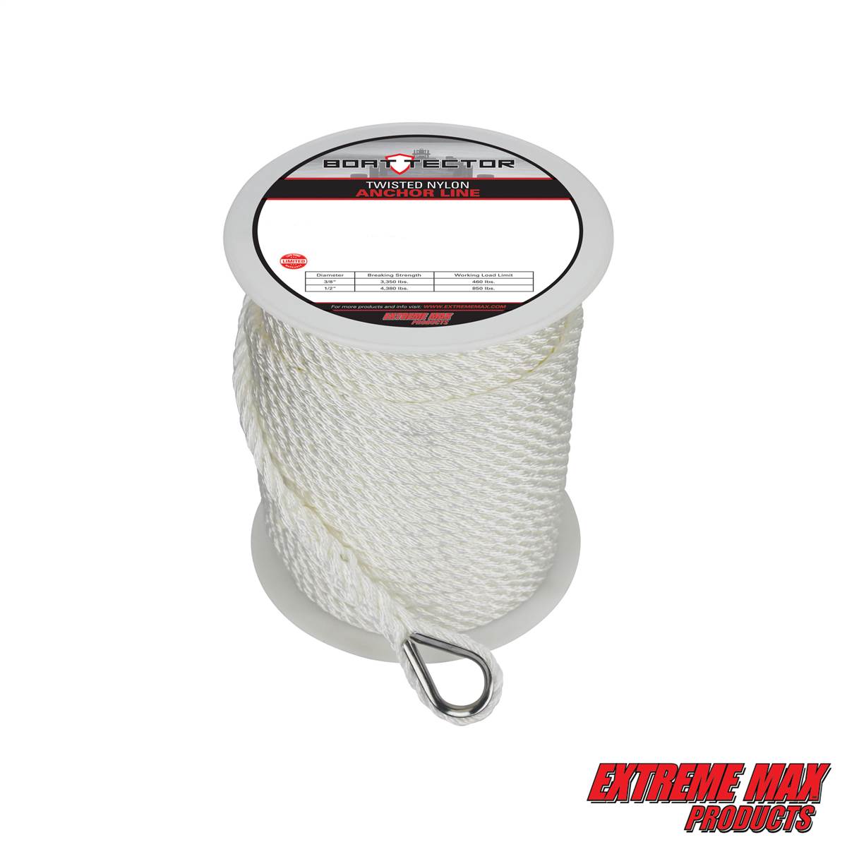 3/8 x 200 Extreme Max 3006.2297 BoatTector Twisted Nylon Anchor Line with Thimble White