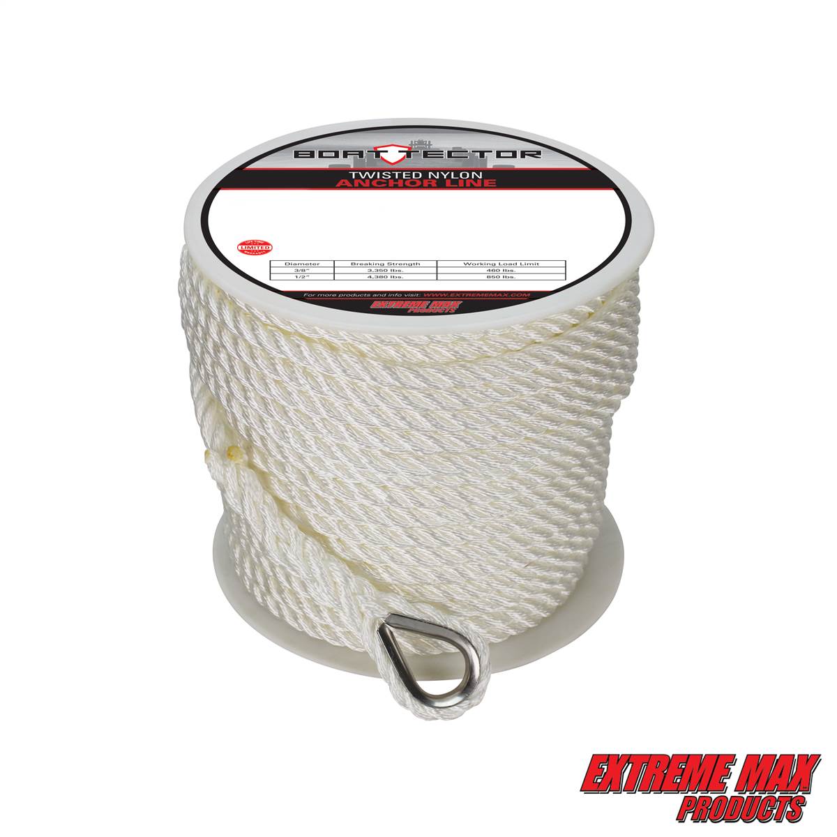 Extreme Max Rope 3/8X150 Ft Thimble Twisted Nylon Anchor Line Stainless Steel 