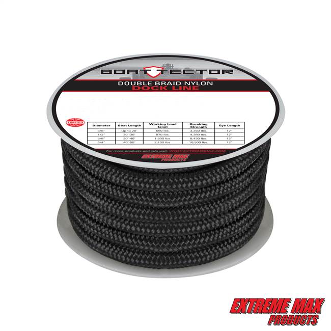 Extreme Max 3006.2315 BoatTector Double Braid Nylon Dock Line - 3/4" x 50', Black