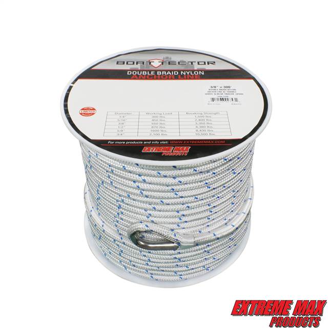 Extreme Max 3006.2508 BoatTector Double Braid Nylon Anchor Line with Thimble - 3/8" x 300', White w/ Blue Tracer