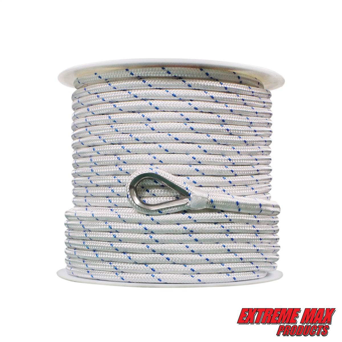 Extreme Max 3006.2514 White w/Blue Tracer 1/2 x 150 BoatTector Double Braid Nylon Anchor Line with Thimble 