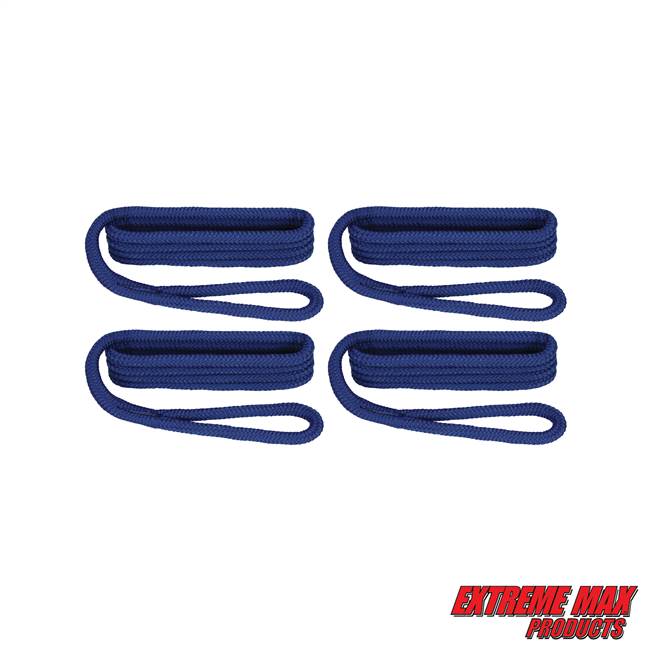 Extreme Max 3006.3386 BoatTector Premium Double Braid Nylon Fender Line Value 4-Pack - 3/8" x 6', Royal Blue