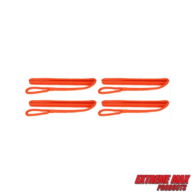 Extreme Max 3006.3402 BoatTector Premium Double Braid Nylon Fender Line Value 4-Pack - 3/8" x 6', Neon Orange