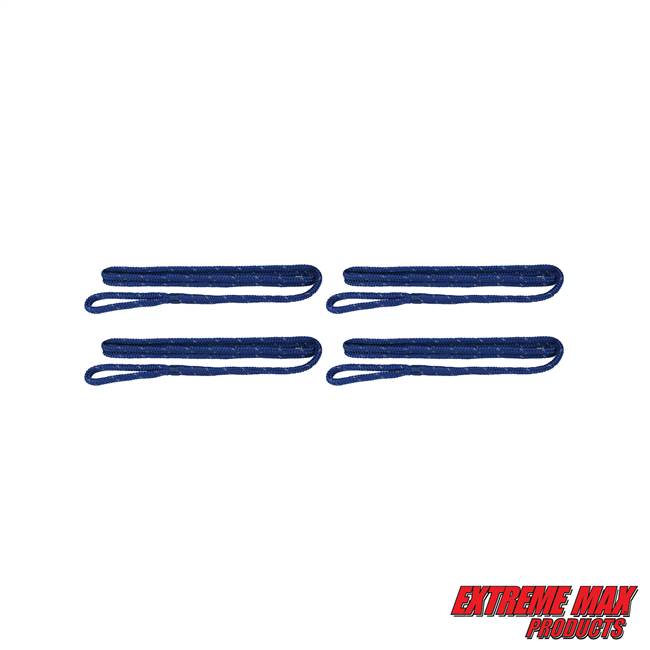 Extreme Max 3006.3415 BoatTector Premium Double Braid Nylon Fender Line Value 4-Pack - 3/8" x 6', Blue with Reflective Tracer
