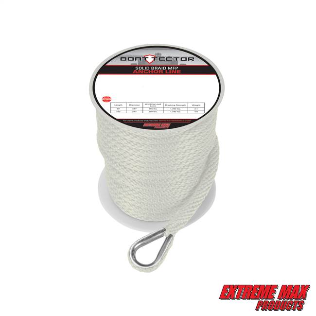 Extreme Max 3006.3458 BoatTector Solid Braid MFP Anchor Line with Thimble - 1/2" x 100', White