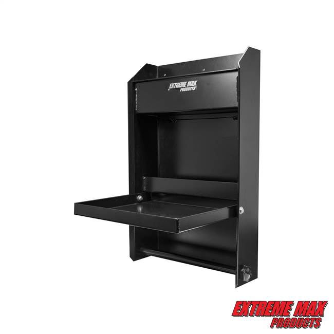 Extreme Max 5001.6119 Junior Wall-Mount Aluminum Work Station Storage Cabinet Flip-Out Work Tray with Paper Towel Rack Organizer for Enclosed Race Trailer Shop Garage Storage - Black