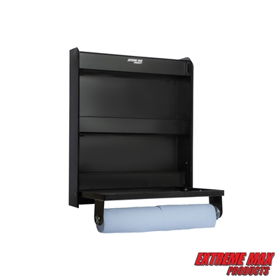 Extreme Max 5001.6337 Aluminum Work Station Storage Cabinet w/ Flip-Out Work Tray & Paper Towel Rack Organizer for Enclosed Race Trailer, Shop, Garage, Storage - Black